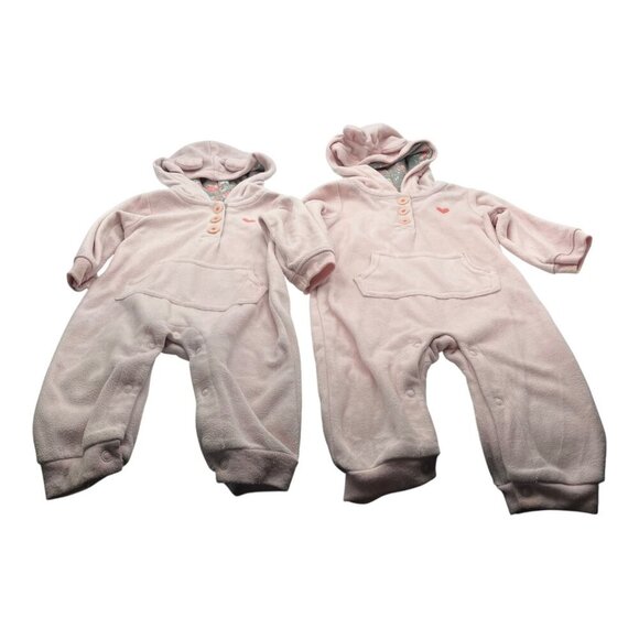 Lot Of 2 Carter’s Baby Hooded Fleece One Piece 6-9M Heart Pink Floral Pocket - Picture 1 of 16